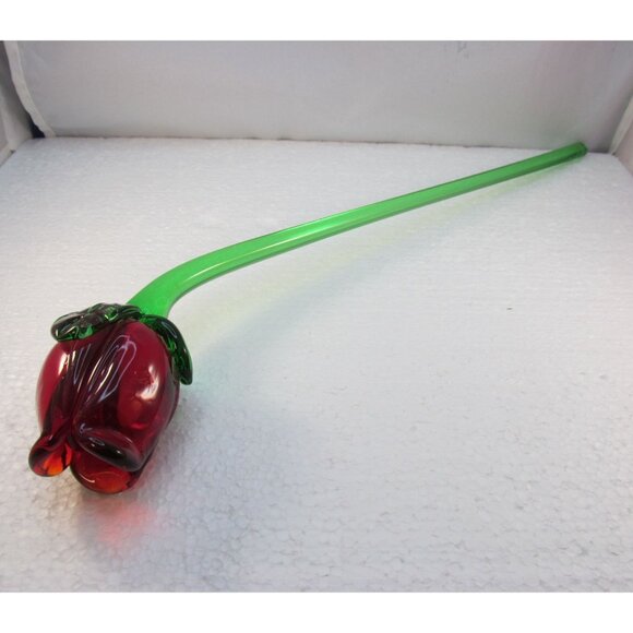 Hand Blown Long Stem Red Rose Bud Glass Flower - Picture 4 of 14